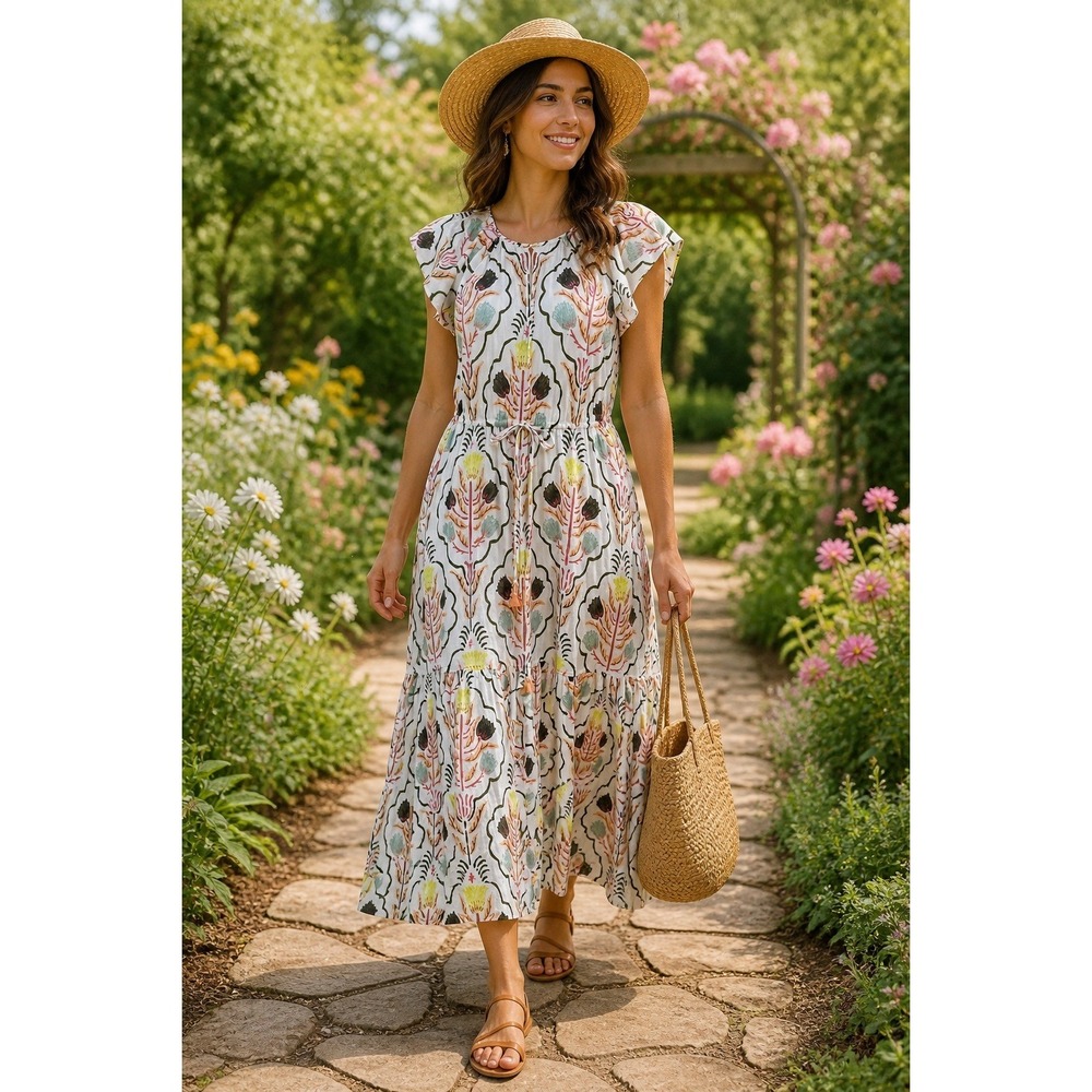 Omika Boho Floral Print Maxi Dress Womens White Cotton Summer S Cottagecore Airy